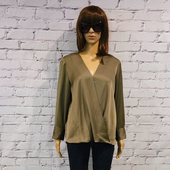 APT. 9, Stylish olive green long sleeve front crossover v-neck blouse - Picture 5 of 8
